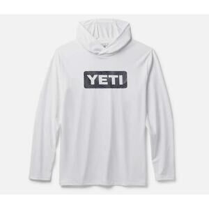 YETI Men’s White Navy Blue Wave Logo Badge Hoodie Long-Sleeve Sunshirt MED NWT